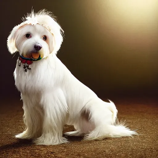 Image similar to cream - colored havanese dog wearing an ornate african necklace, a large headpiece made from flowers, soft light colored background, intriguing pose, magazine fashion photo by mark seliger