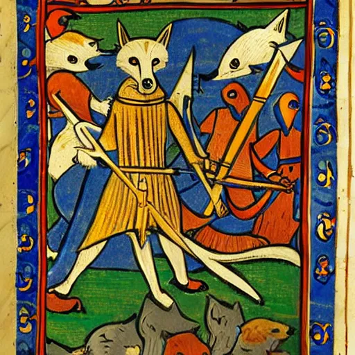 Image similar to anthropomorphic fox who is a medieval knight standing steadfast towards a army of enemy knights, illuminated manuscript