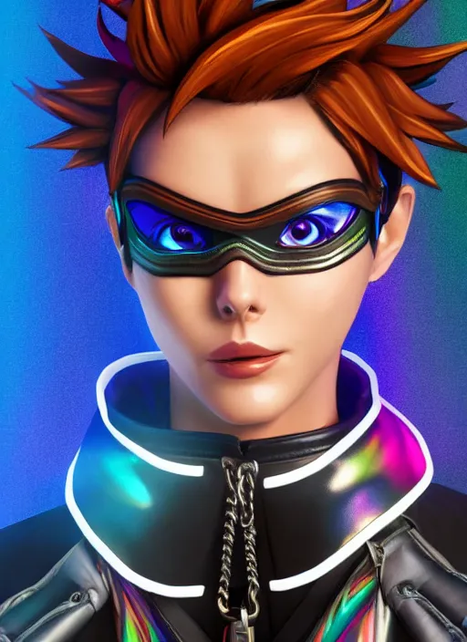 Prompt: portrait bust digital artwork of tracer overwatch, wearing iridescent rainbow latex and leather straps catsuit outfit, in style of mark arian, angel wings, dramatic painting, wearing detailed leather collar, chains, black leather harness, detailed face and eyes,