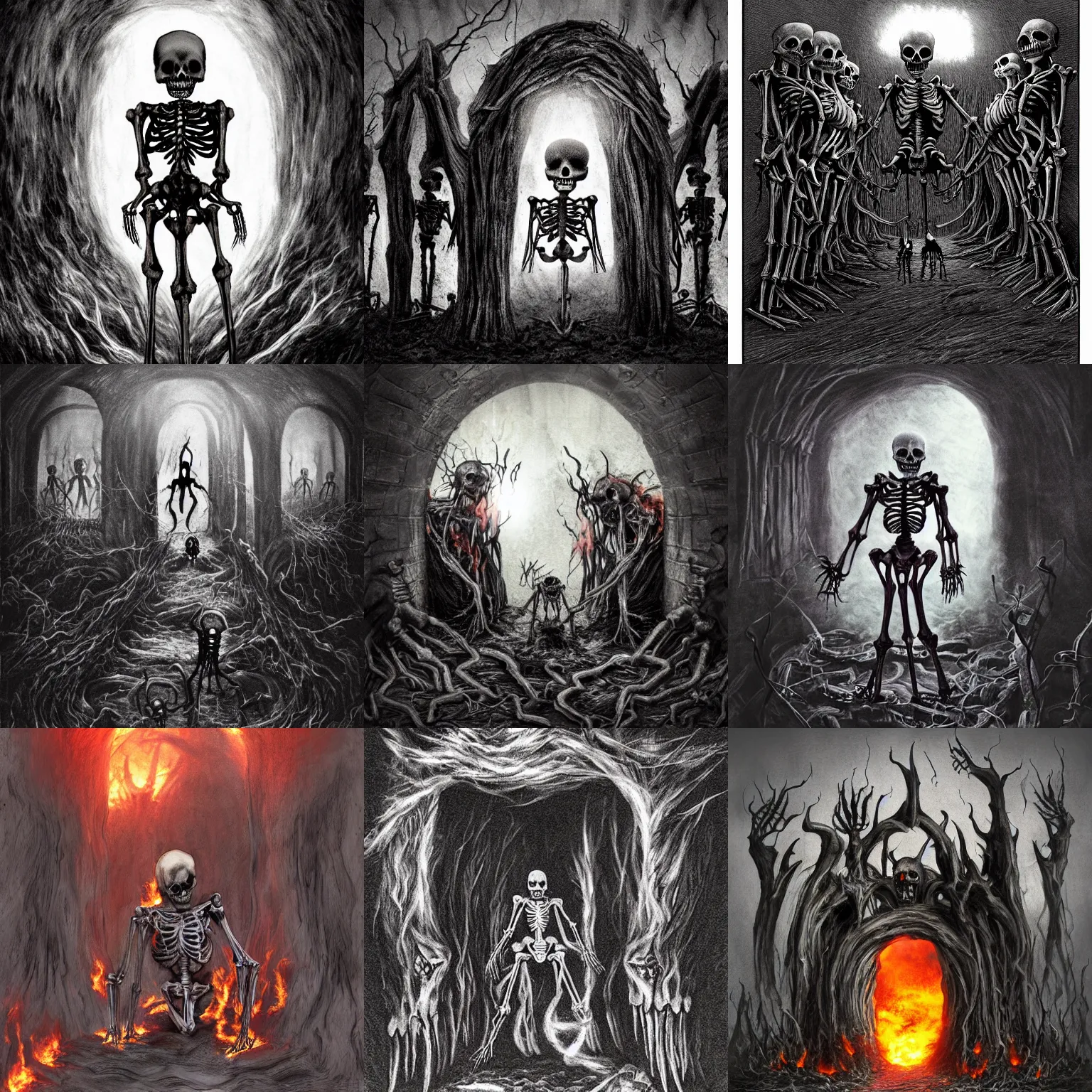 Prompt: photograph of skeletal creepy demons entering through a burning portal in the ground, portal in the ground, dark figurings, horror art, concept art