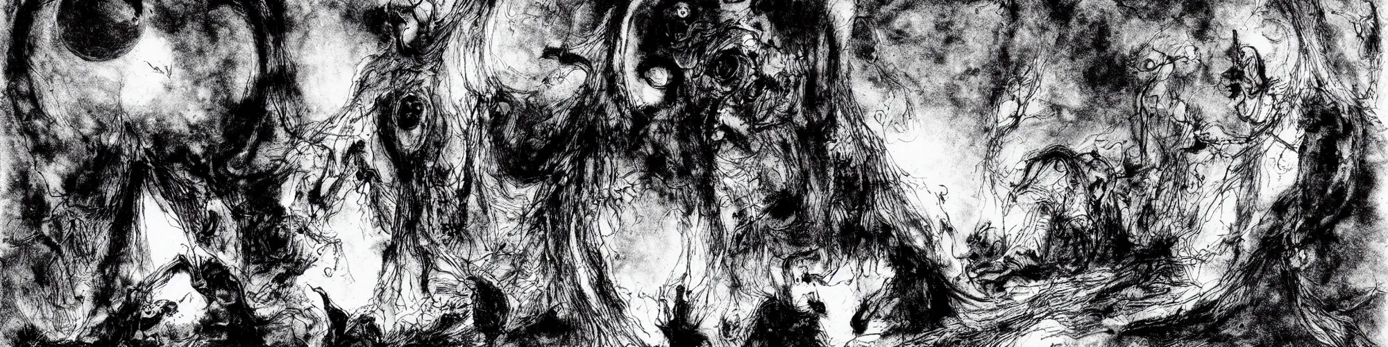 Prompt: dawn of creation ; first atom ; beings of darkness ; ethereal plane. extremely dark image. complete blackness. illustrated by maurice sendak and stephen gammell and junji ito and dr seuss and tsutomu nihei