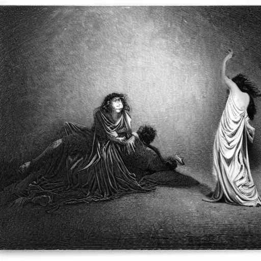 Prompt: a dark and shadowy succubus terrorizing a sleeping man by gustave dore, oil on canvas