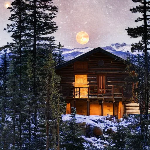 Image similar to cabin in the snowy mountains with wolves in the background under a full moon with pine trees