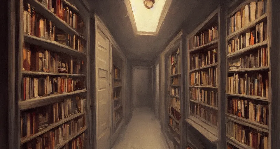 Image similar to Very dark scary creepy corridor with bookshelves everywhere , by Stefan Koidl. artstation, blue lighting.