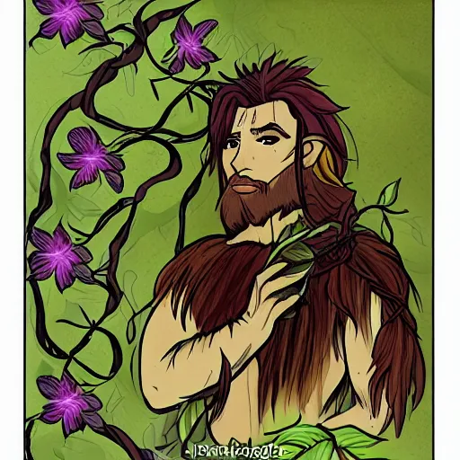 Image similar to male firbolg druid with vines and hibiscus flowers as hair simple drawing, comic style