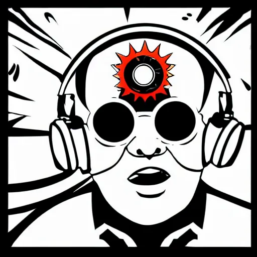 Image similar to svg vector sticker of absolutely insane-mad-scientist-villain, rocking out, wearing headphones, huge speakers, dancing, rave, DJ, spinning records, digital art, amazing composition, rule-of-thirds, award-winning, trending on artstation, featured on deviantart