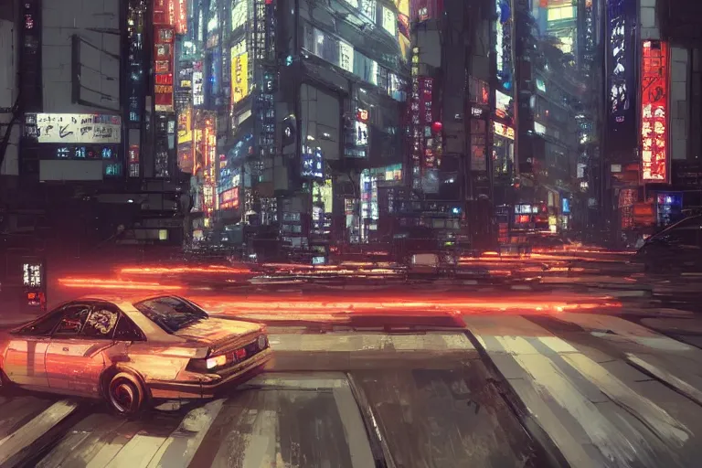 Image similar to akira cyberpunk toyota chaser speeding through tokyo at night by greg rutkowski makoto shinkai takashi takeuchi studio ghibli, akihiko yoshida