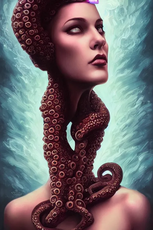 Prompt: portrait of an elegant alien octopus woman queen, straight on portrait, by artgerm, tom bagshaw, gerald brom, vaporwave colors, lo - fi colors, vaporwave, lo - fi, moody vibe, goth vibe, 4 k, hd,