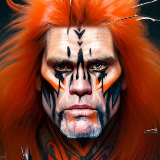 Image similar to portrait painting of jim carrey with a soft expression and short light orange hair and tribal tattoos on his face wearing fur armor, ultra realistic, concept art, intricate details, eerie, highly detailed, photorealistic, octane render, 8 k, unreal engine. art by artgerm and greg rutkowski and charlie bowater and magali villeneuve and alphonse mucha