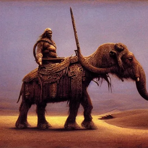 Image similar to ancient mammoth rider, wearing norse armor, beksinski