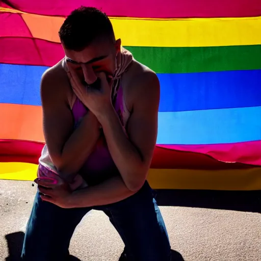 Image similar to lgbt man kneeling on the ground crying, his hands on the ground, holding an lgbt flag, tears coming down his eyes