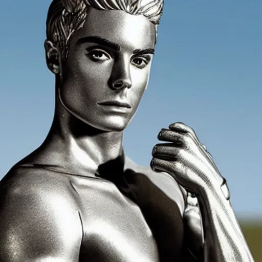 Prompt: “a realistic detailed photo of a guy who is an attractive humanoid who is half robot and half humanoid, who is a male android, Zac Efron, shiny skin, posing like a statue”