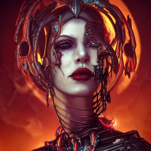 Prompt: queen of death. intricate portrait, occult cyberpunk, ancient futuristic, dark art, trending on artstation, occult. octane render . by