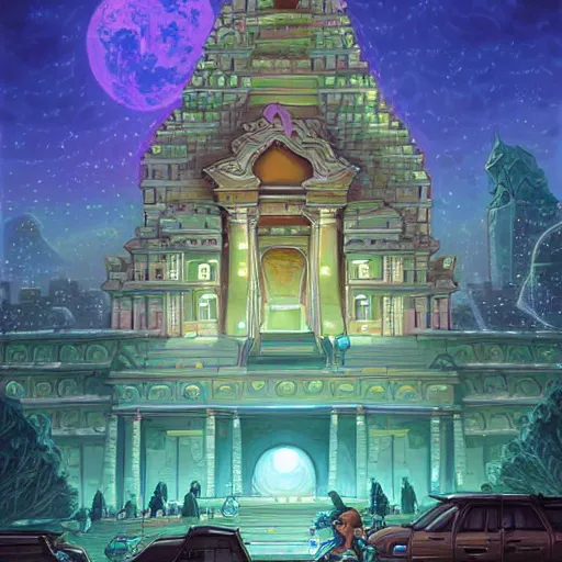 Image similar to street view of gigantic temple city at night by cyril rolando and naomi okubo and dan mumford and ricardo bofill