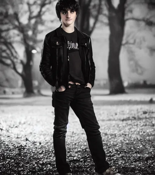 Image similar to an 8 5 mm professional portrait of nico di angelo, a young teenage boy with pale olive skin, black sullen eyes, long black hair, a reluctant smile, detailed professional photography, night lighting, defiant, ghosts theme, volumetric lighting