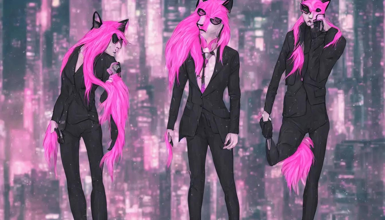 Prompt: pink fox in a suit, cyberpunk