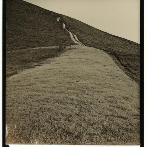 Prompt: polaroid photo of a empty very steep grass hill, flash photography