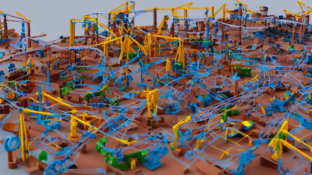 Prompt: a toy construction site, concept art, 3d render, low angle photo