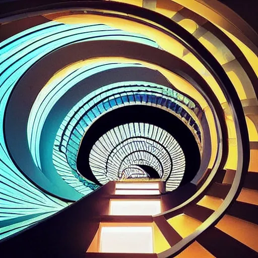 Prompt: “ a room with colorful 3 d printed walls of glass, a gold spiral highly detailed staircase in the middle, a james turrell light ceiling designed a japanese architect ”