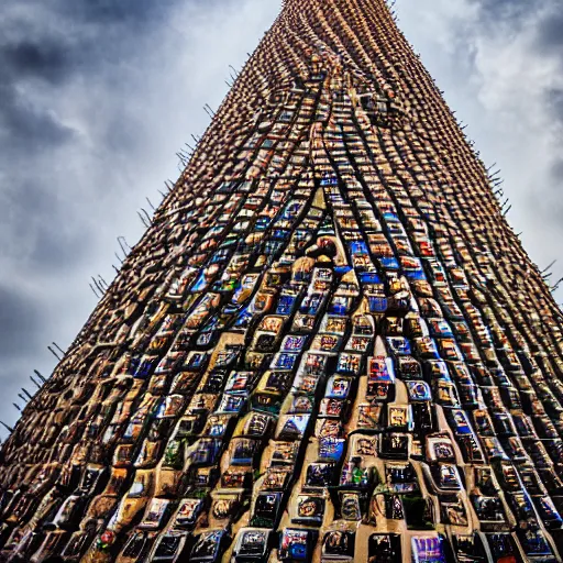 Image similar to award winning photography of tower of babel reaching up to heaven made from cellphones, 40mm lens, shallow depth of field, split lighting