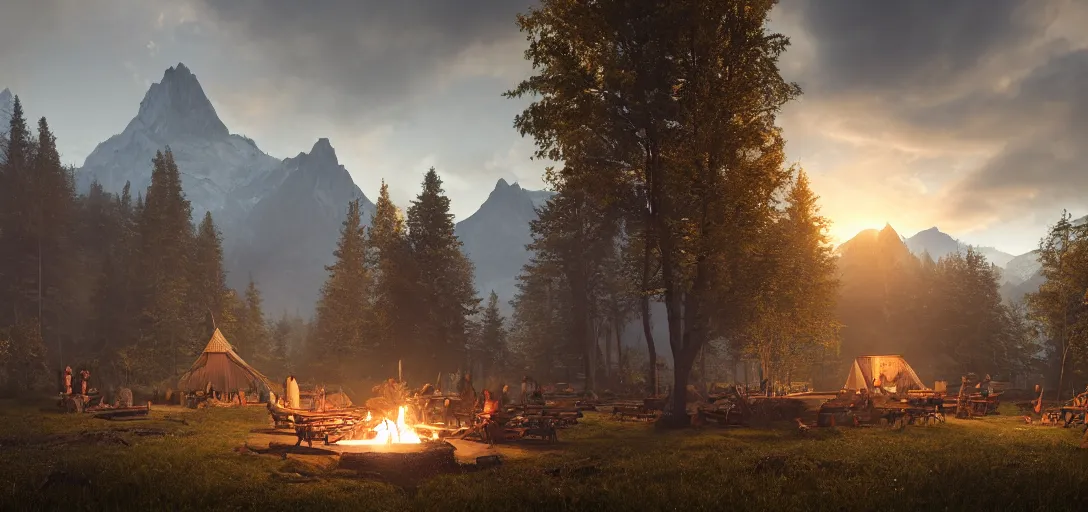 Image similar to longhouse, campfire, teepee, very detailed, octane render, realistic, 8 k, unreal engine 5, dramatic, volumetric, trees,, majestic mountains, sunrise, beautiful clouds, greg rutkowski