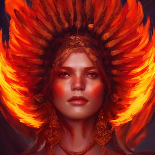 Image similar to a beautiful portrait of a fire goddess, flaming background, a detailed painting by greg rutkowski and raymond swanland, featured on cgsociety, fantasy art, detailed painting, artstation hd, photorealistic