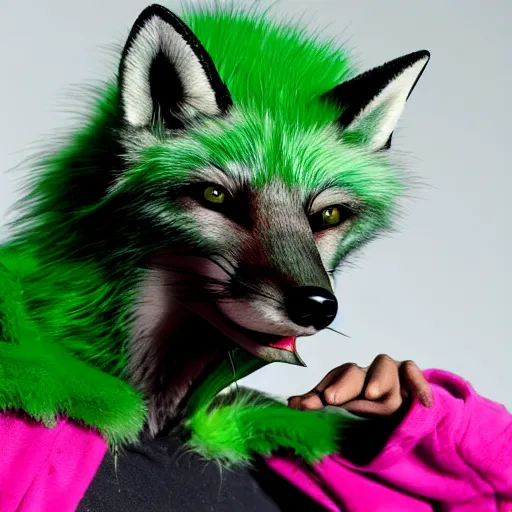 Prompt: close up of photorealistic green fox with green fur and magenta eyes, wearing a black hoodie, smoking weed