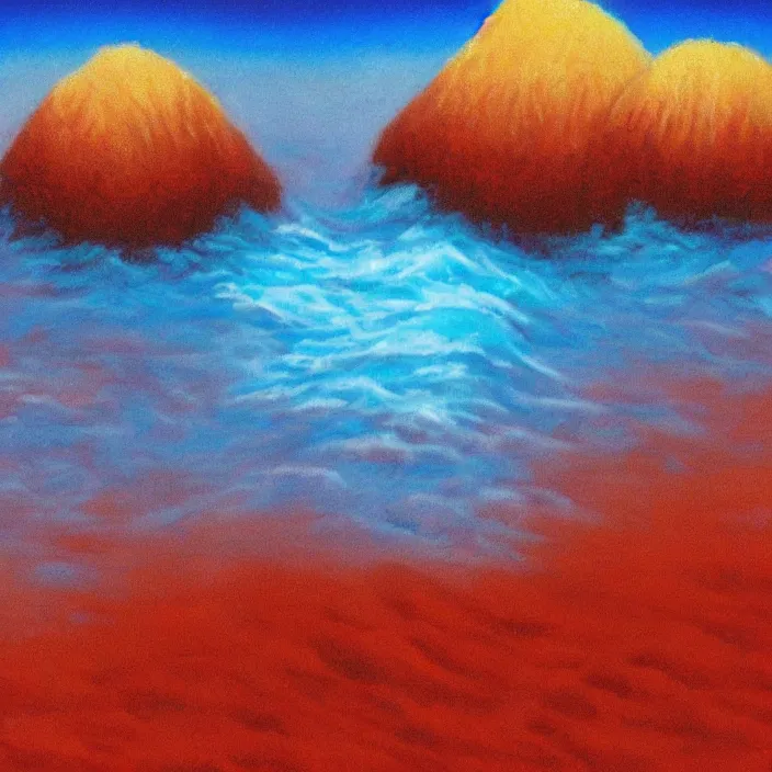 Image similar to a alien planet with a red ocean and blue sand and rocks at sunrise, bob ross painting, high coherence, highly detailed, high quality, masterpiece, award - winner, hyperrealistic