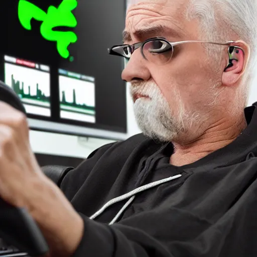 Image similar to very angry old man playing a game on a PC, razer gaming headset and chair