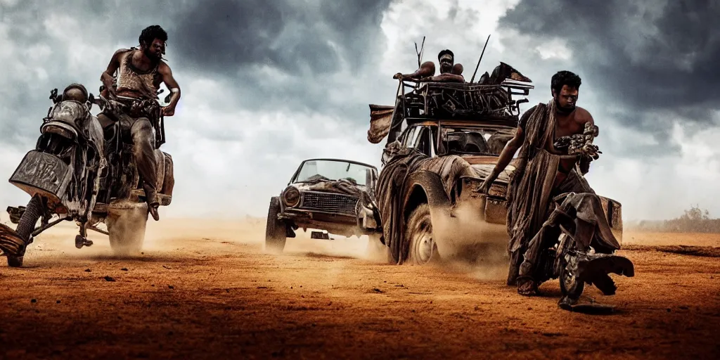 Image similar to sri lankan mad max style, film still, epic shot cinematography, rule of thirds