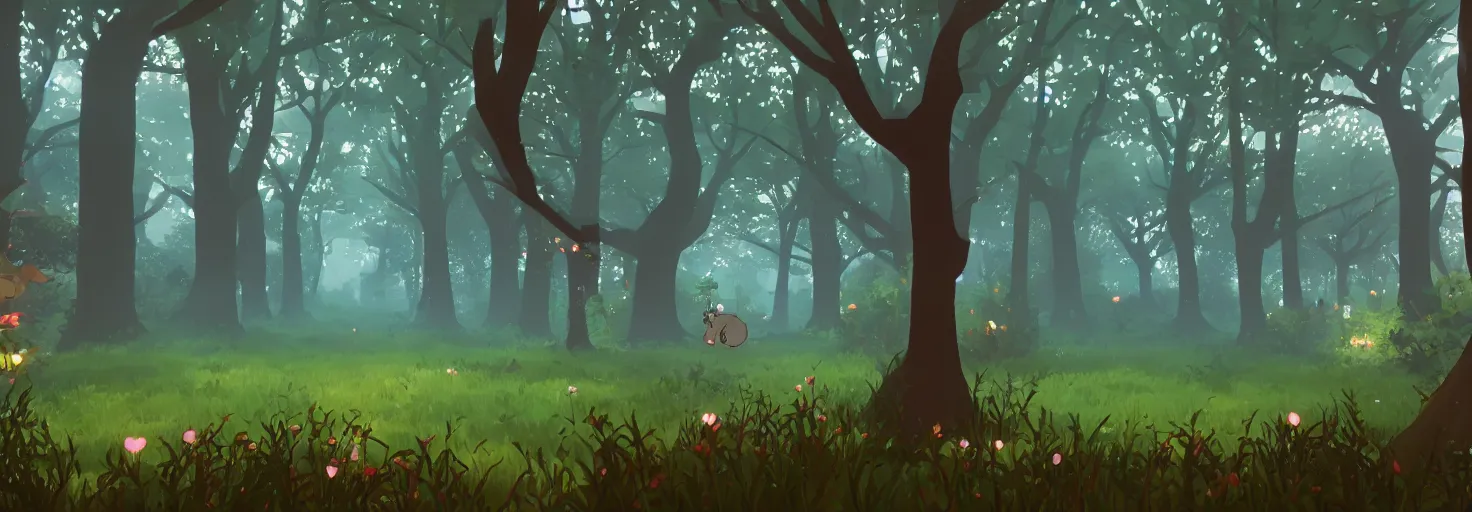 Prompt: distant tree silhouettes, magical enchanted forest, parallax background layer from a gorgeous indie platform game
