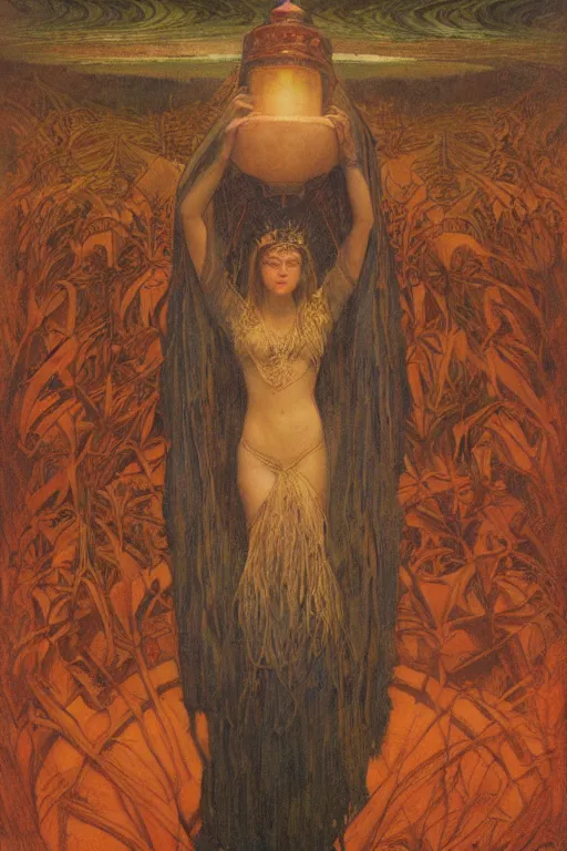 Image similar to queen of the swamp with her lantern by Annie Swynnerton and Nicholas Roerich and jean delville, strong dramatic cinematic lighting , ornate headdress , flowing robes, lost civilizations, smooth, sharp focus, extremely detailed