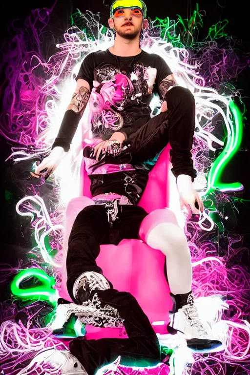 Image similar to full-body rococo and cyberpunk style neon statue of a young attractive Liam Payne wearing cholo shades macho dotado e rico android sim roupa reclining con las piernas abertas e la piroca dura, ethereal white dripping tar, glowing white lasers, pink tigers, glowing eyes, silver prince crown, black gears, pink diamonds, swirling mint-colored silk fabric. futuristic elements. full-length view. human skulls. large intricate artwork by caravaggio. Trending on artstation, octane render, cinematic lighting from the right, hyper realism, octane render, 8k, depth of field, 3D