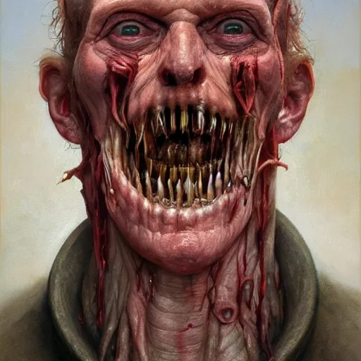 Image similar to a portrait of donald trump's, flesh eating worms, macabre, horror saw teeth, horror rotten teeth, peeling face skin, by donato giancola and greg rutkowski and wayne barlow and zdzisław beksinski, realistic face, visible face, digital art, artstation, symmetry