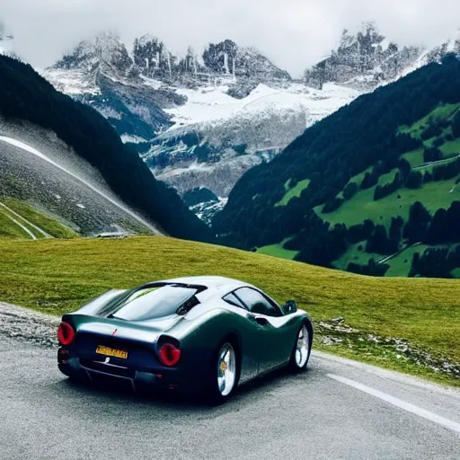 Image similar to a ferrari on a cloudy day in the swiss alps