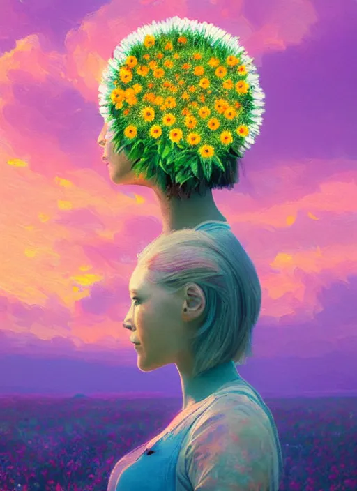 Image similar to portrait of a woman, head made of giant daisies, in a flower field, surreal photography, sunset dramatic light, impressionist painting, colorful clouds, large sky, digital painting, artstation, simon stalenhag