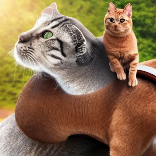 Prompt: a cat sitting on a dog's back while the dog is riding a horse, realistic, 4k