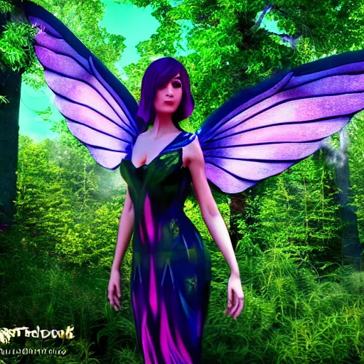 Prompt: winged fairy demon in a vibrant dark forest with stained glass wings cute colorful 4 k path traced high definition detailed artstation realistic trending dramatic lighting high contrast