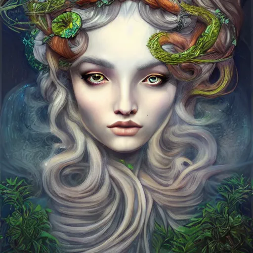 Image similar to realistic mythological greek medusa, by anna dittmann