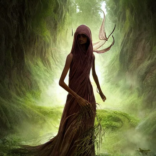Image similar to beautiful banshee walks around Socotra among plants, flowers, trees and snags in a long transparent flowing dress and meets mystical animals, mystical insects, mystical birds, lizards, snakes, gorgeous, intricate, hypnotic dimensions, ruan jia, steve mccurry, Zdzislaw Beksinski style, sharp focus, intricate concept art, digital painting, ambient lighting, 4k, hdt, artstation trending on Gsociety, trending on ArtstationHQ, hyper quality, 16K