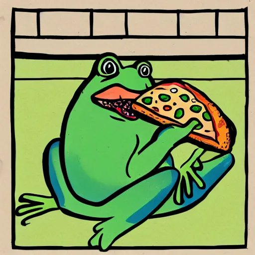 Prompt: artistic rendition of a bullfrog eating a pizza, trending, very award-winning, unmistakable, froggy