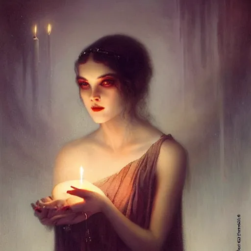 Prompt: pale young ghost girl, dark hair, by tom bagshaw, by gaston bussiere, candlelight