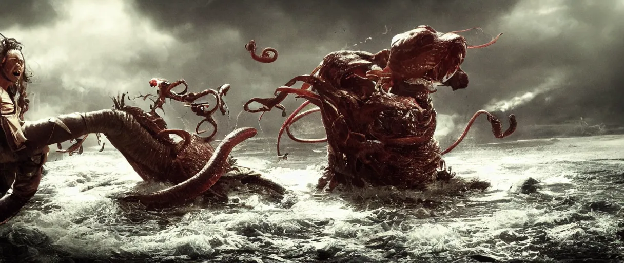 Image similar to pirates fighting giant screaming worm, cinematic atmosphere, maximized, high detail, 8k, ornate, dark fantasy, masterpiece, complex, film still from the movie directed by Denis Villeneuve