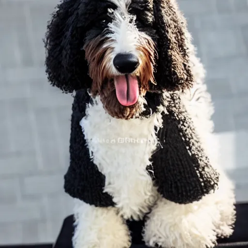 Image similar to a closeup photorealistic photograph of a cute smiling knitted bernedoodle judge dog dressed in a black gown, presiding over the courthouse. indoors, professional capture, well lit shot. this 4 k hd image is trending on artstation, featured on behance, well - rendered, extra crisp, features intricate detail, epic composition and the style of unreal engine.