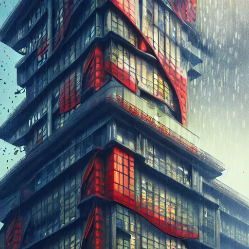 Prompt: multistory building, full of tropical plants overgrowing, glass openings, red parametric mesh and fabric in the facede, housing architecture, classical architecture, brutalist architecture, blue hour, trending on artstation, after rain, cinematic, intricate, by greg rutkowski, by peder balke, award winning