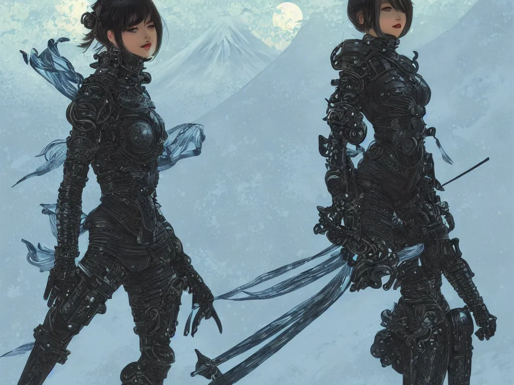 Image similar to portrait ninja gaiden girl, armored dieselpunk wardrobe, at snowy fuji mountain moonlight, ssci - fi and fantasy, intricate and very beautiful and elegant, highly detailed, digital painting, artstation, concept art, smooth and sharp focus, illustration, ( ( art by tian zi and wlop and alphonse mucha ) )