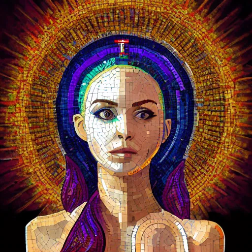 Image similar to portrait mosaic of a beautiful cute girl with robot ears and eyes, 4k, intricate details, digital, sun in the background