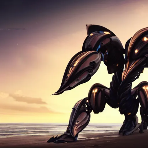 Image similar to looking up at a highly detailed 300 foot tall giant exquisite beautiful female warframe, as an anthropomorphic robot dragon, posing elegantly over your tiny form, detailed legs looming over you, camera on the ground, at the beach on a sunset, sleek streamlined design, streamlined matte black armor, sharp detailed claws, detailed sharp robot dragon feet, worms eye view, giantess shot, upward shot, ground view shot, leg shot, front shot, cinematic shot, high quality warframe fanart, captura, realistic, professional digital art, high end digital art, furry art, giantess art, anthro art, DeviantArt, artstation, Furaffinity, 8k HD render, epic lighting