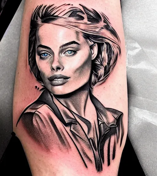 Prompt: mash up tattoo sketch of margot robbie with beautiful mountain scenery, in the style of arlo dicristina, surrealist, amazing detail, sharp