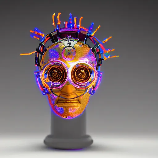 Image similar to portrait of a glossy claymodel of a steampunk aztec futuristic robot head, top of the head is a crown made of wires and multicolored glowing tubes, eyes are multicolored led screen, 8 k, front shot, symetrical, flourescent colors, halluzinogenic, multicolored, insanely detailed, 3 d render, octane